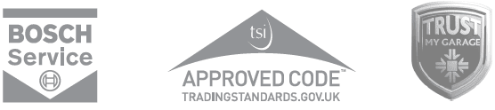 Accreditations for "Bosch Service", "tsi approved code trading standards", and "Trust My Garage".